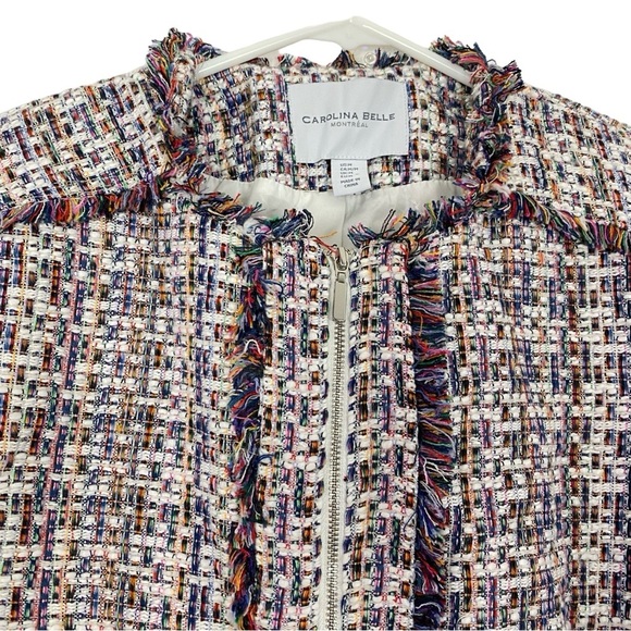 Carolina Belle Tweed Jacket Women Size Medium Cropped Blazer Multi Zip Up Fringe - Picture 3 of 10